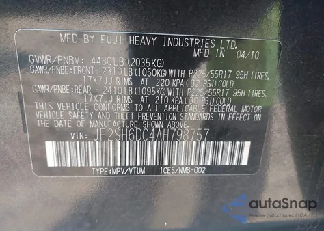 2010 Subaru Forester 2.5X Limited z USA, uszkodzony, nr VIN JF2SH6DC4AH798757